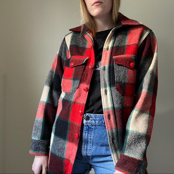 Vintage Jackets & Blazers - VINTAGE Wool Plaid Button Front Long Sleeve Coat